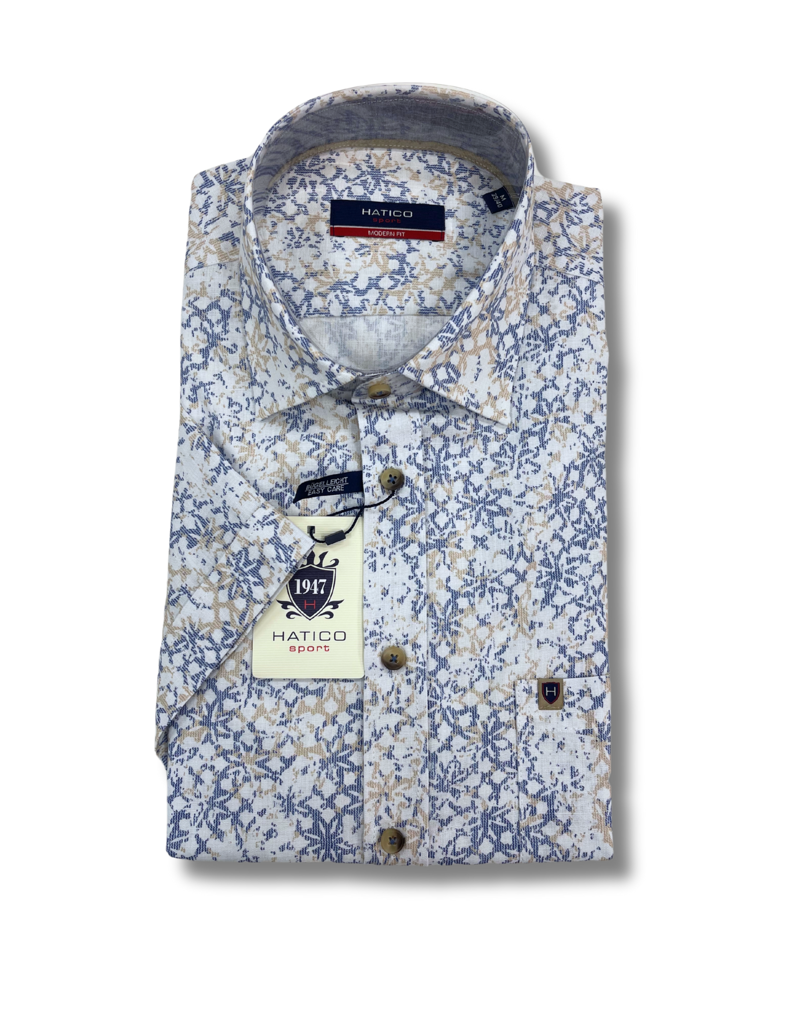 Hatico valkoinen lyhythihainen kauluspaita sini-beige kuvioilla "modern fit"