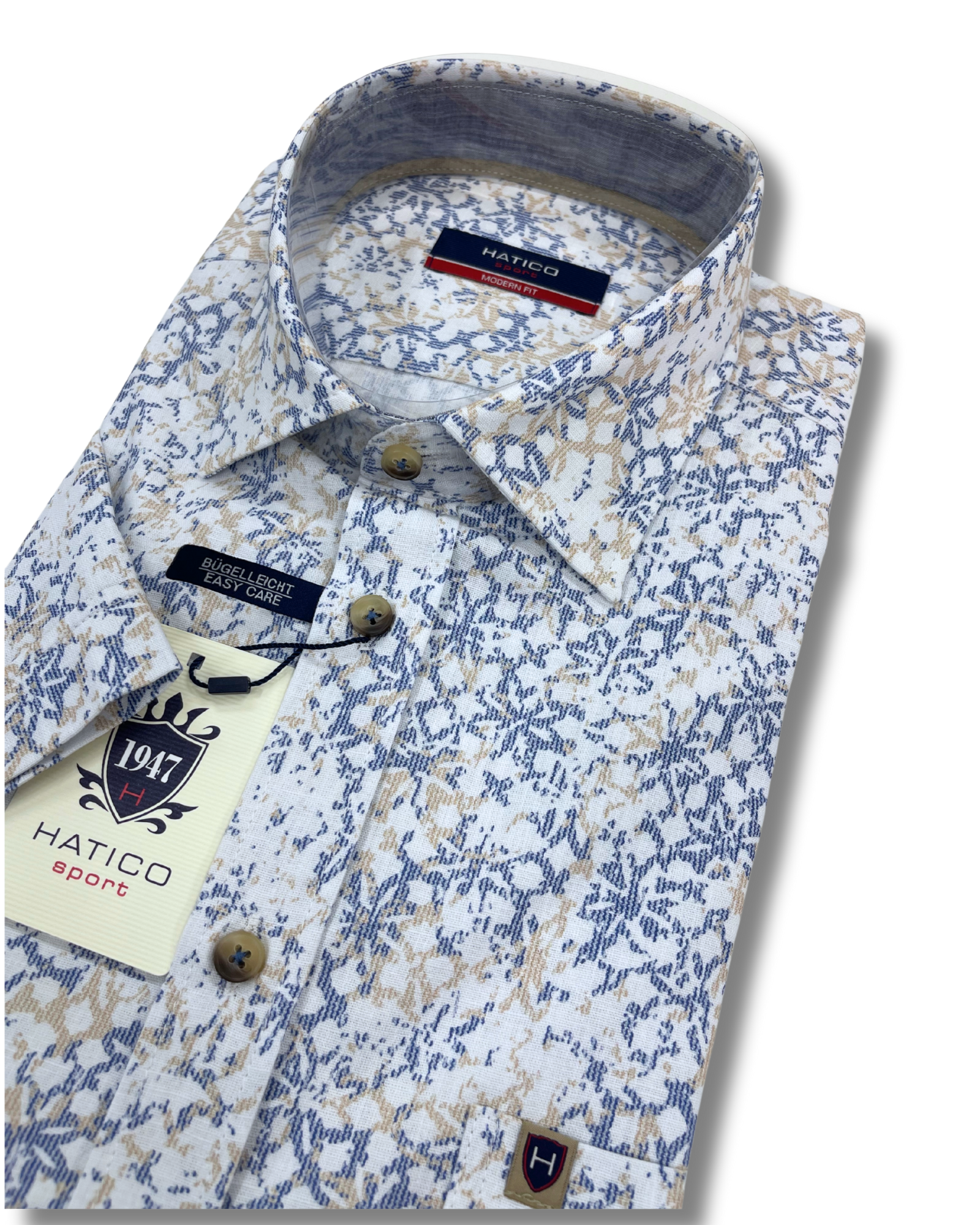 Hatico valkoinen lyhythihainen kauluspaita sini-beige kuvioilla "modern fit"