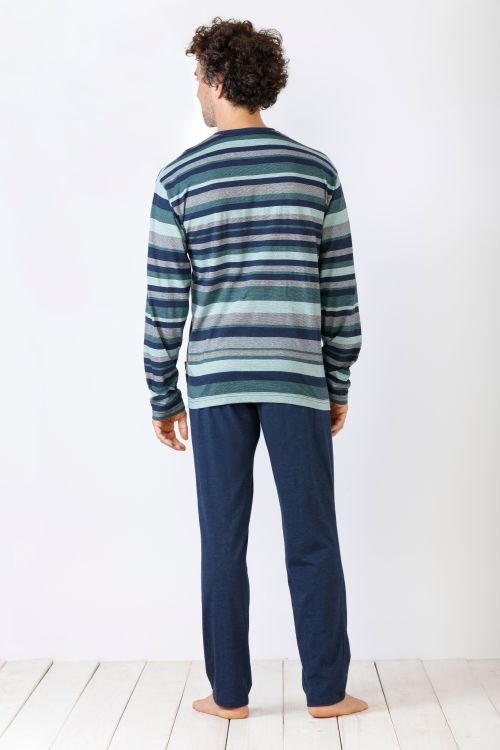 Hajo pitkä pyjama vihreä ja sininen raita klima light