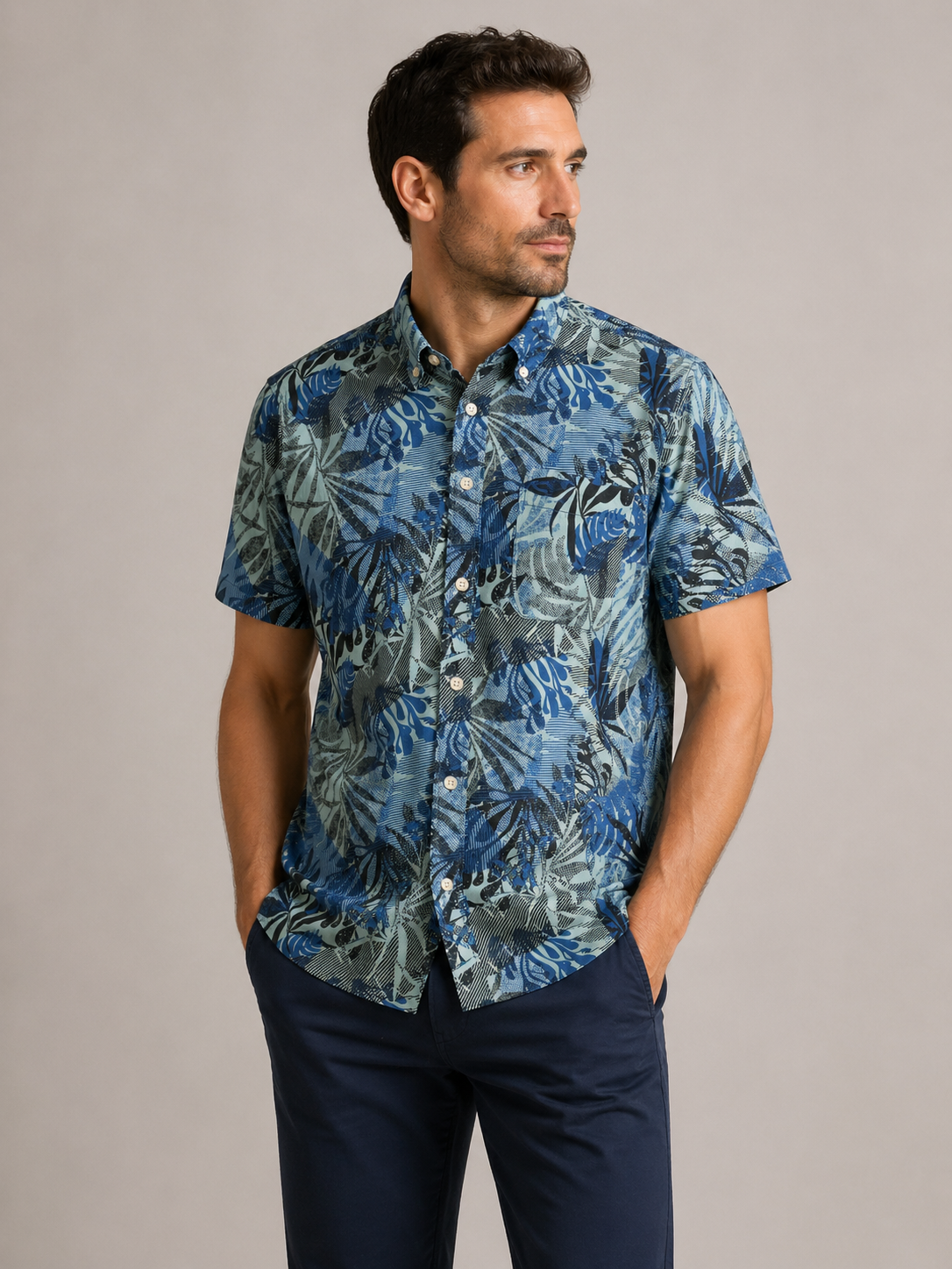 Camel Active lyhythihainen kauluspaita regular fit iso Havaji-printti