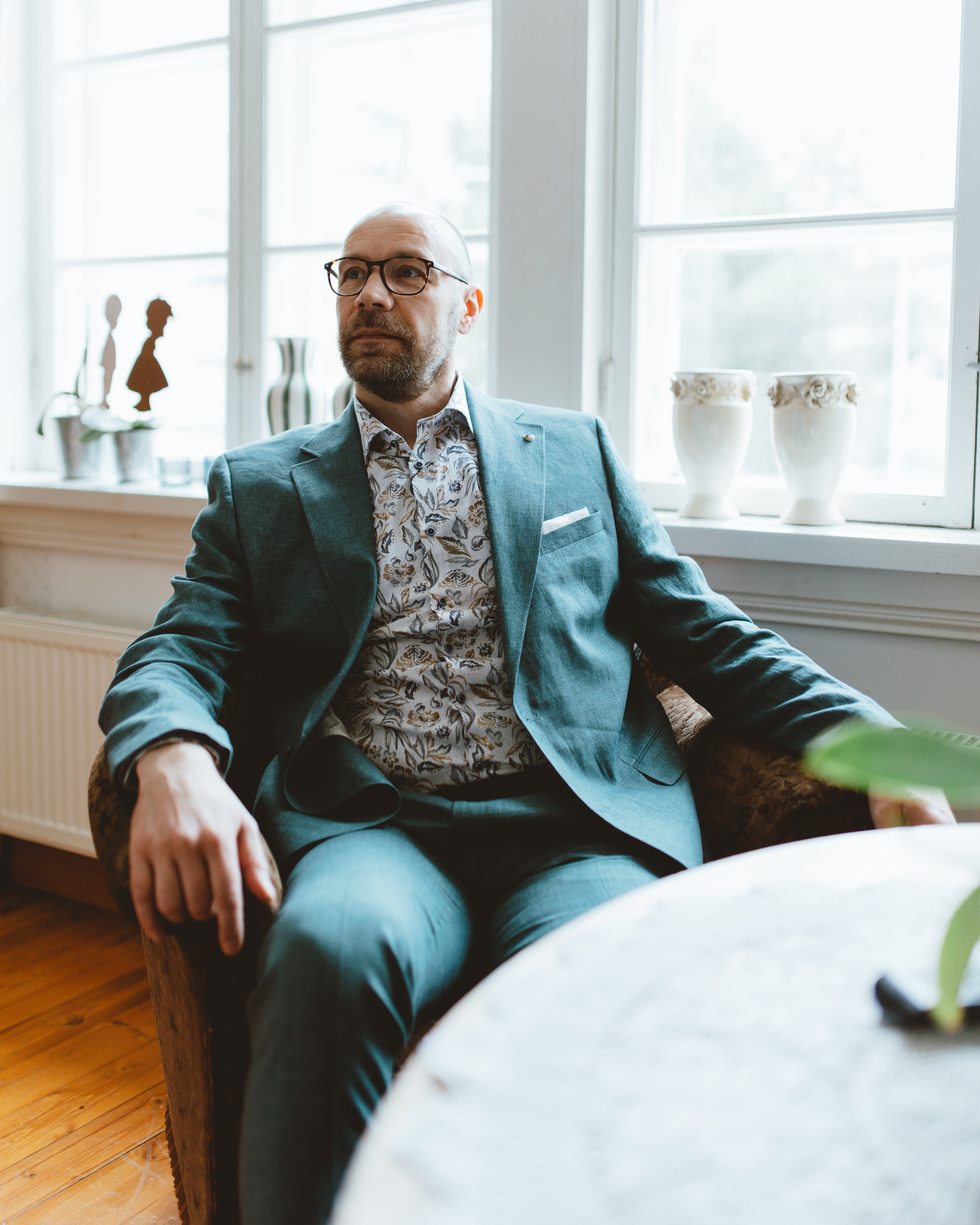 Carl Gross turkoosi pellavainen puvuntakki