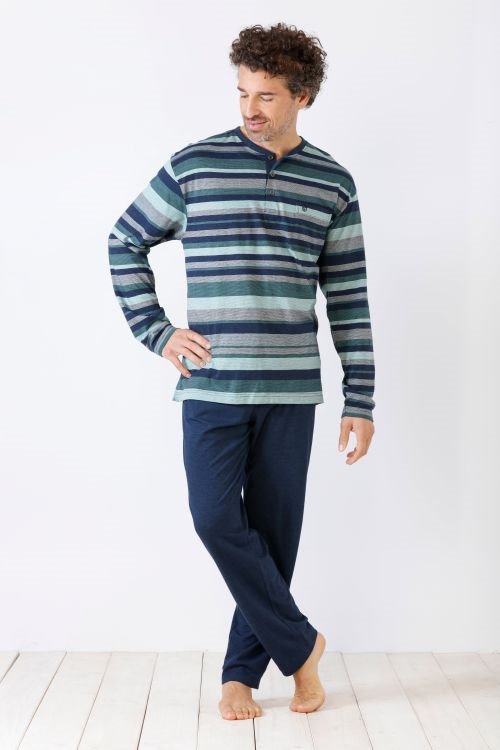 Hajo pitkä pyjama vihreä ja sininen raita klima light