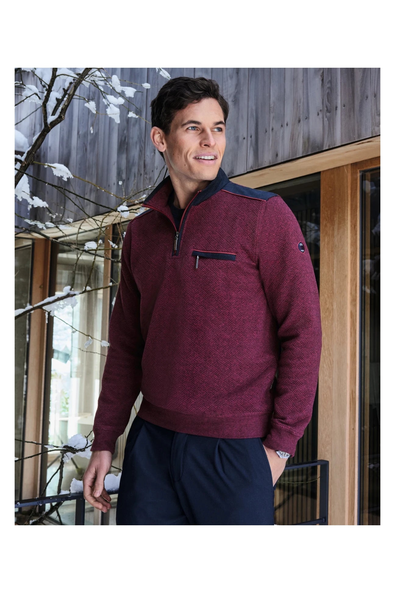 Hajo collegeneule half zip viininpunainen "Stay Fresh"