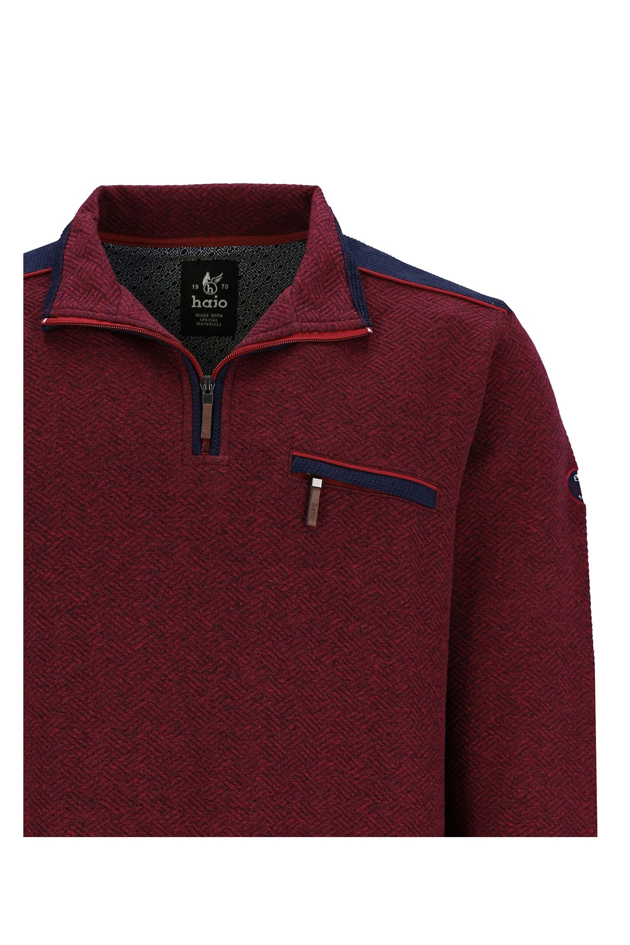 Hajo collegeneule half zip viininpunainen "Stay Fresh"