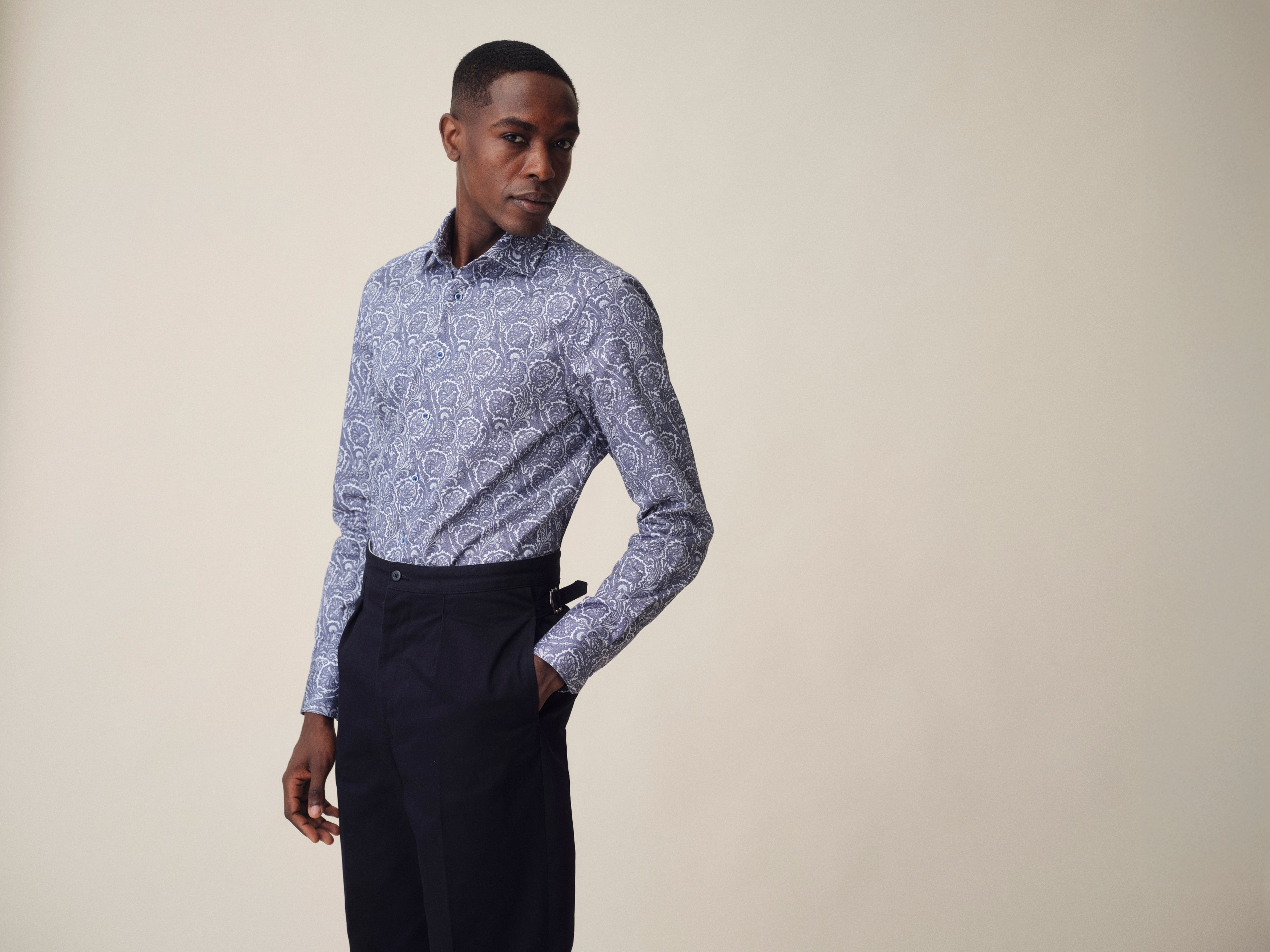 Stenströms kauluspaita siniharmaalla paisley printillä slimline XL-hiha