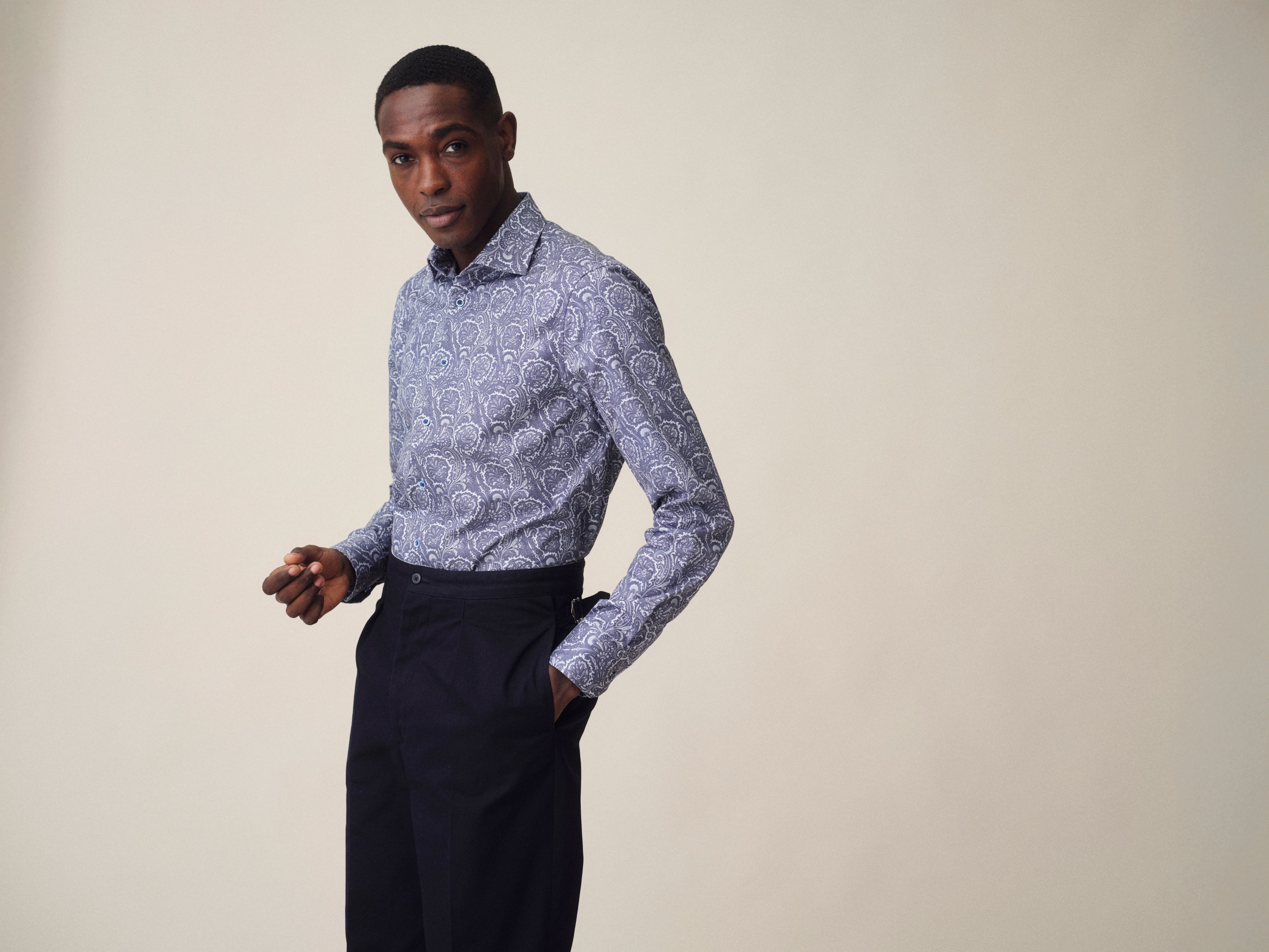 Stenströms kauluspaita siniharmaalla paisley printillä slimline XL-hiha