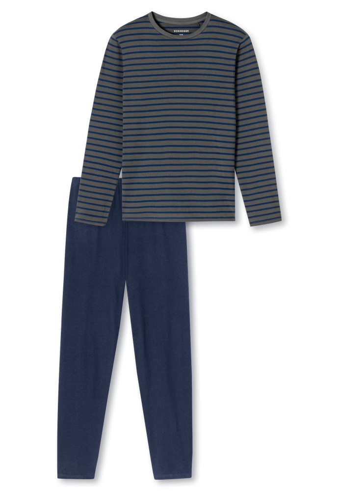Schiesser pitkä pyjama harmaa-sininen raita