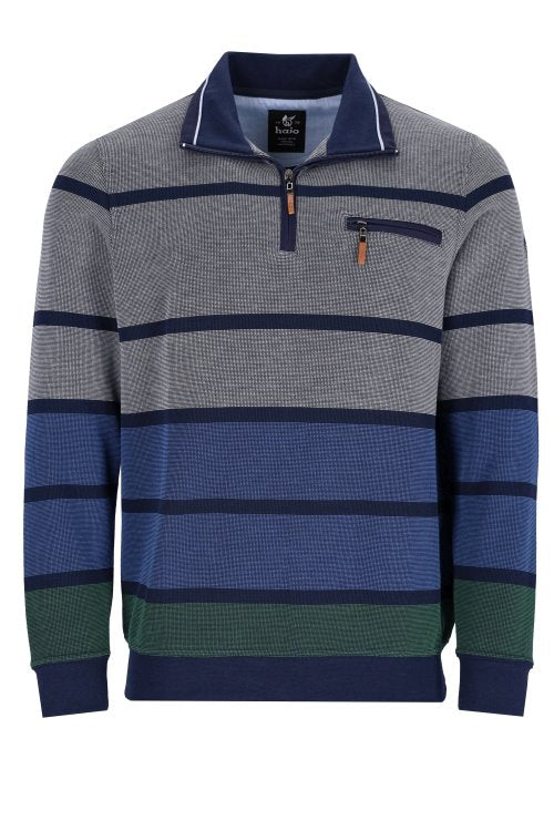 Hajo collegeneule half zip sinivihreä raita