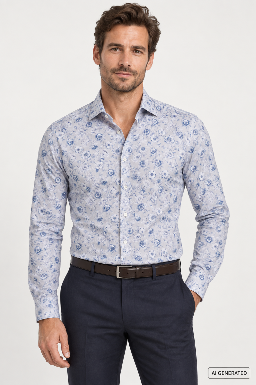 PURE slim fit kauluspaita sini-harmaa kukkakuvio