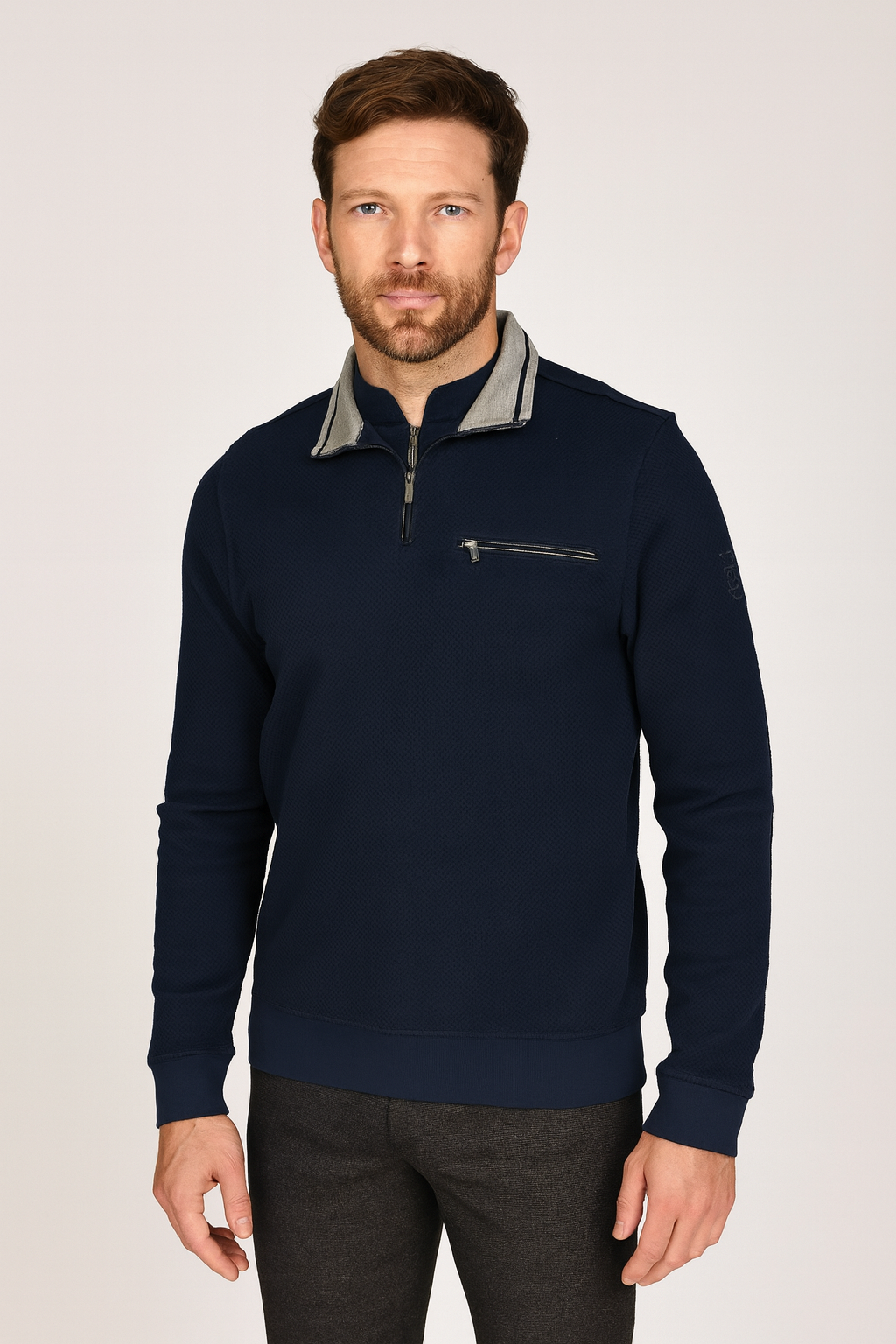 Hajo collegeneule half zip tummansininen