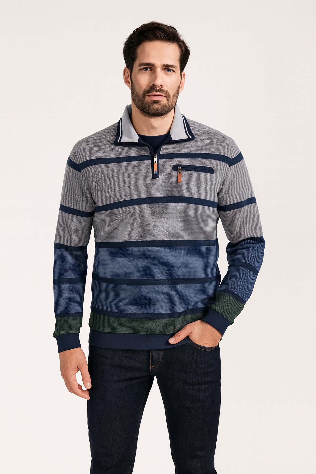 Hajo collegeneule half zip sinivihreä raita