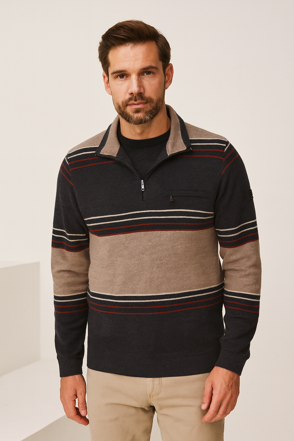 Hajo collegeneule half zip ruskea raita