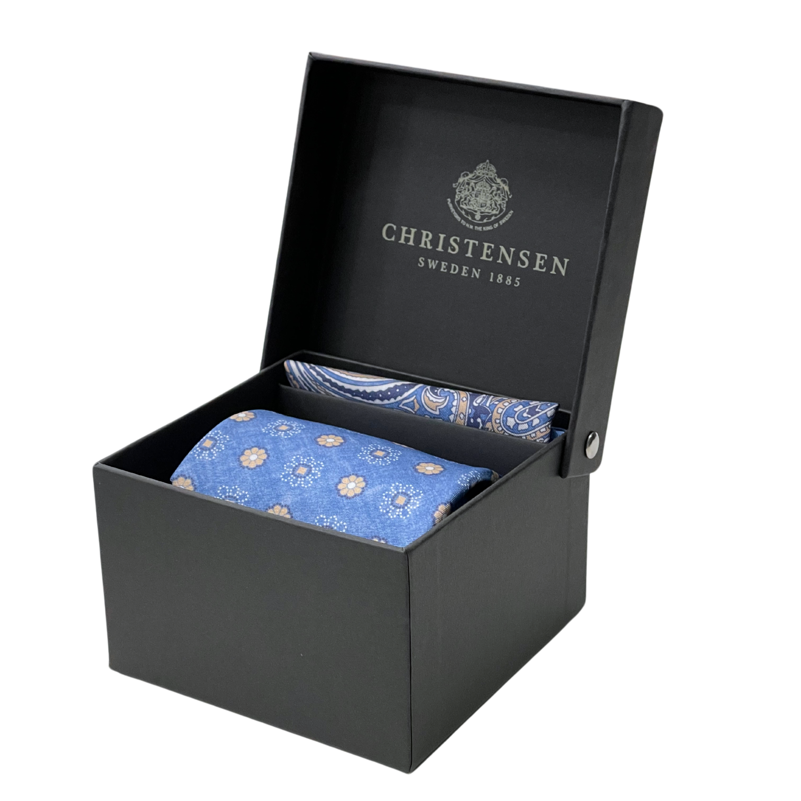 Amanda Christensen sininen solmio ja taskuliina "Tie & Pocket square box set"